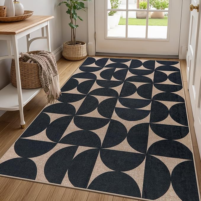 Lahome Modern Geometric Easy Jute 5x7 Rugs, Washable Carpet for Living Room Dining Room, Neutral Black Semi-Circle Rug for Outdoor Patio Office Classroom Backyard