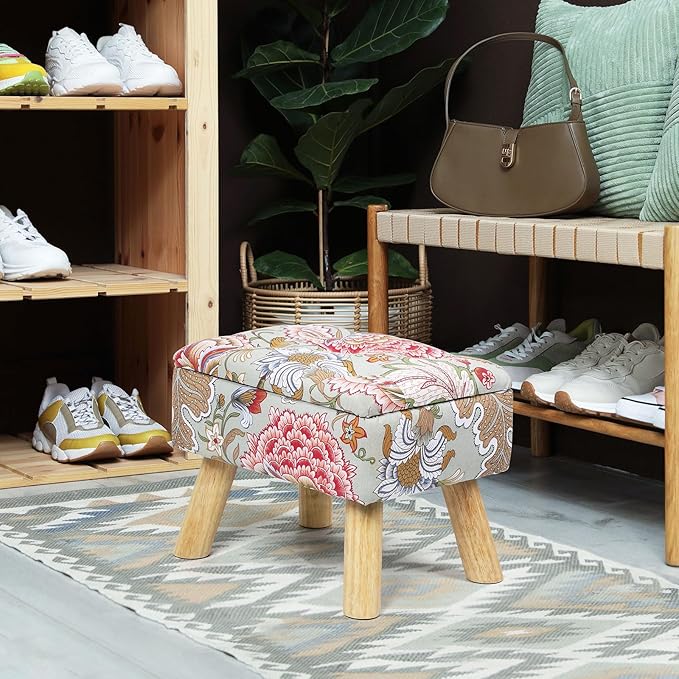 Nandae Square Storage Ottoman with Sturdy Wood Legs, Tufted Upholstered Footstool 14.5”L × 10.6”W × 11.4”H Boho Floral Upholstered Storage Footrest, Suitable for Living Room, Bedroom, Couch, Enterway