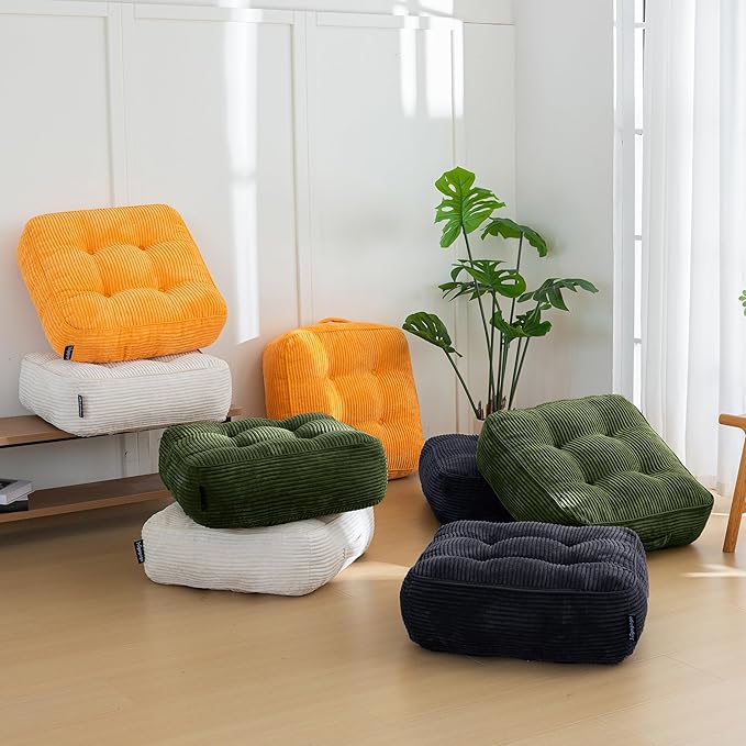 HIGOGOGO 8" Extra Thick Floor Pillow Cushion for Adults, Meditation Cushion Pillow, Large Square Floor Sitting, Tufted Corduroy Cover, for Tatami Living Room or Yoga, 22x22 Inch, Dark Green