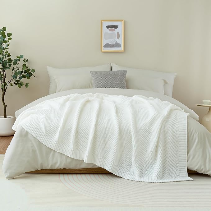 Knitted Throw Blanket 60"X80", White Knit Throws for Bed, Super Soft Boho Chevron Blankets for Couch Sofa Chair Room Decor, Textured Decorative Farmhouse Cozy Lightweight