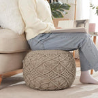 Ornavo Home Pouf Ottoman Foot Rest - 100% Cotton Pouffe - Hand Knitted Macrame Braid - Boho Round Stuffed Ottoman for Living Room, Bedroom - Beige
