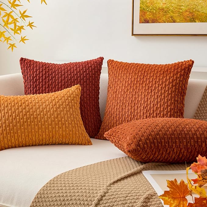 Kevin Textile Fall 14x24 Inch Pillow Cover 1 Pack Boho Decorative Soft Striped Corduroy Lumbar Farmhouse Solid Color Accent Rectangle Cushion Case for Living Room Couch Sofa Bed, Burnt Brick