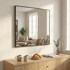 36''x36'' Large Black Square Mirror, Matte Metal Framed Bathroom Vanity Mirror, Oversized Wall Mirror for Entryway, Industrial Decor, Flush Mount