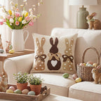 AVOIN colorlife Easter Polka Dot Love Heart Bunny Embroidered Throw Pillow Cover, 18 x 18 Inch Bow Rabbits Tufted Patterned Linen Decoration Cushion Case for Sofa