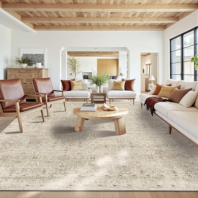 10x14 Area Rugs for Living Room Bedroom, Large Washable Rug, Beige Vintage Floral Boho Rug, Non Slip & Low Pile Faux Wool Carpet for Indoor Dining Room and Kids Room(Beige 10x14ft)