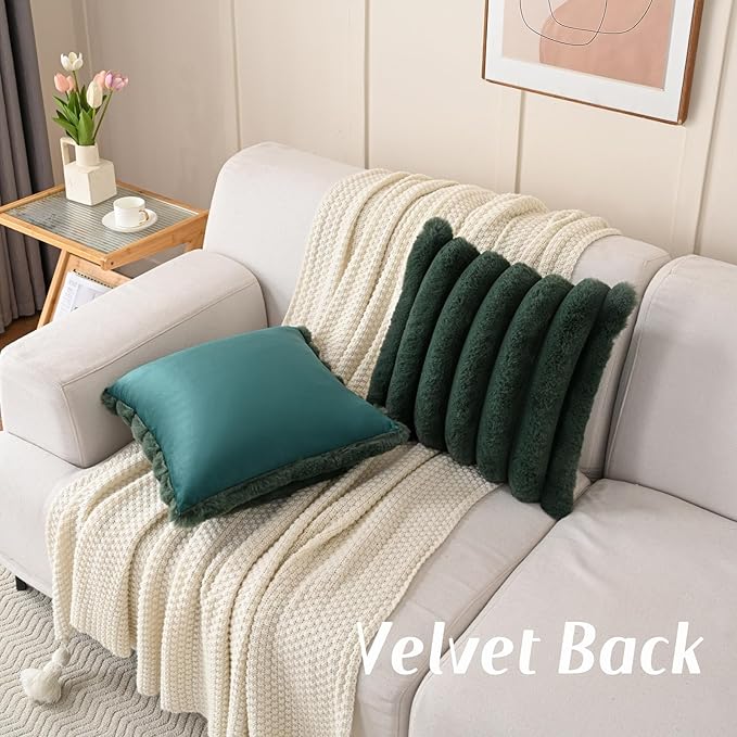 FUTEI Dark Green Decorative Throw Pillow Covers 24x24 Inch Set of 2, Square Soft Faux Rabbit Fur Thick Striped European Cushion Covers,Spring Home Decor for Couch Bed Living Room