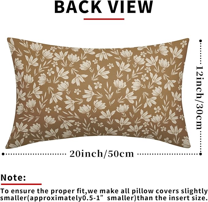 Brown Pillow Covers 12x20 Set of 2 Vintage Floral Rustic Old Style Cute Flower Print Rectangle Decorative Outdoor Pillowcases Seasonal Farmhouse Throw Cushion Case Couch Sofa Bed Decor