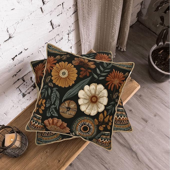 KSLIDS Boho Flower Soft Velvet Throw Pillow Covers Set of 2 Modern Abstract Retro Bohemian Flower Decorative Pillow Covers 20x20 Inch Mid Century Tropical Leaves Pillow Case for Sofa Couch Home Decor