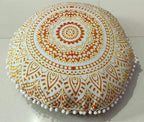 INDIAN CRAFT CASTLE 24" Yellow Ombre Mandala Barmeri Large Floor Pillow Cover Cushion Meditation Seating Ottoman Throw Cover Hippie Decorative Zipped Bohemian Pouf Ottoman Pom Pom Cases 24" Round