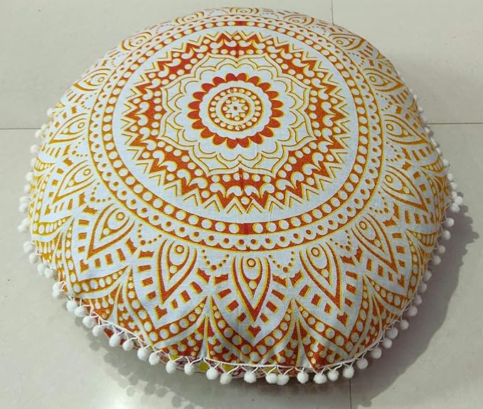 INDIAN CRAFT CASTLE 24" Yellow Ombre Mandala Barmeri Large Floor Pillow Cover Cushion Meditation Seating Ottoman Throw Cover Hippie Decorative Zipped Bohemian Pouf Ottoman Pom Pom Cases 24" Round