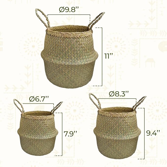 Seagrass Plant Basket Set of 3 with Handles – Handwoven Woven Basket Planter, Indoor Plant Basket & Plant Holder Basket, Natural Fiber Wicker Plant Pot Basket for Boho Farmhouse Home Decor
