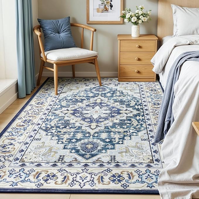 Lessymo 5x7 Area Rug for Living Room - Machine Washable Area Rugs, Super Soft Faux-Wool Area Rugs for Bedroom Kitchen, Boho Rug Vintage Floral Non-Slip Low Pile, Dark Blue