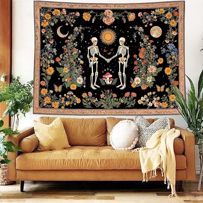 Wegklazax Skull Moon and Flowers Tapestry, Bohemian Hippie Gothic Wall Hanging for Room Decor, Mystical Altar Home Decor 80L x 60W