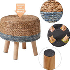 YMYNY Foot Stool Natural Seagrass Hand Weave, 12.6" Small Ottoman, Round Footrest for Living Room, Bedroom, Entryway, Change Shoes Stool, Non-Skid Wood Legs, Boho, Natural+Blue, UHBD027Q