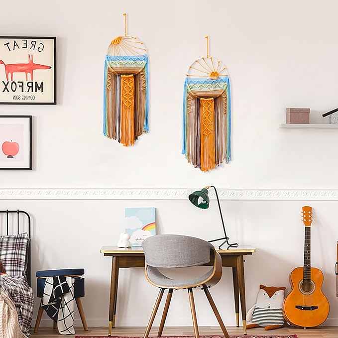 Artilady 2 Pack Macrame Sun Wall Decor Hanging Tapestry Sunrise Sunset Wall Art Set, Hand Woven Boho Tapestries Colorful Decor For Bedroom Living Room Nursery Apartment (2 Pcs)