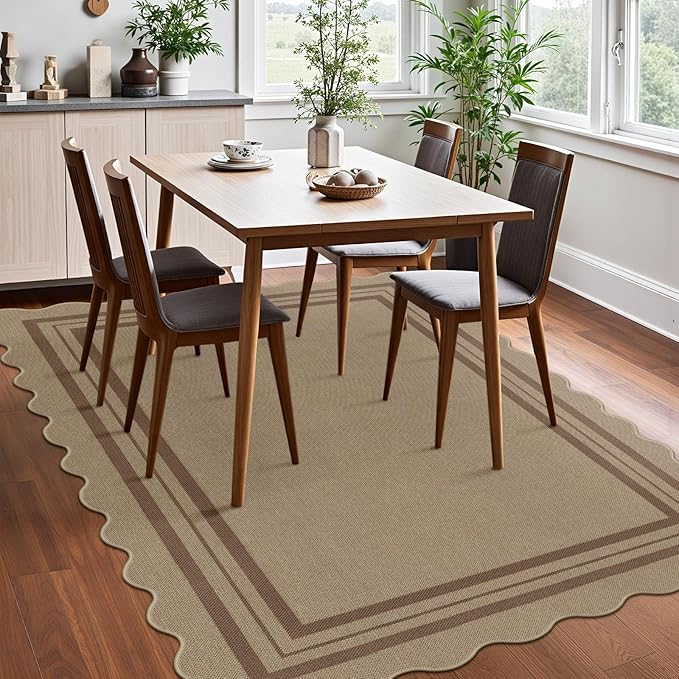Scalloped 5x7 Rug for Living Room, Easy Jute Washable Outdoor Patio Carpet, Farmhouse Indoor Brown Geometric Rug Neutral Non Slip Carpet for Living Room Backyard