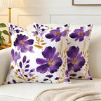 Purple Gold Watercolor Floral Throw Pillow Covers 18x18 Set of 2, Boho Gold Accent Flower Decorative Pillowcases, Spring Easter Farmhouse Cushion Covers for Couch Sofa Bedroom Living Room Home Decor