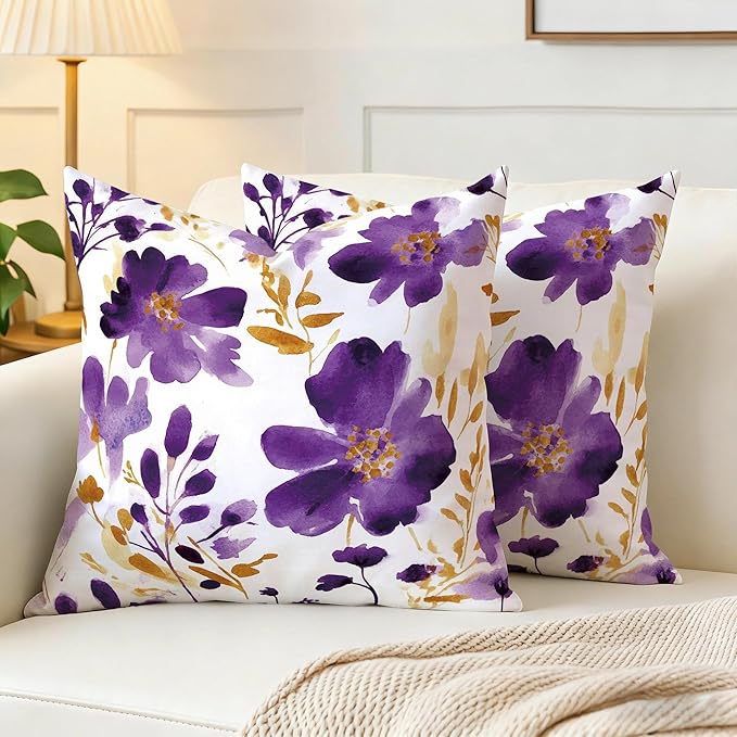 Purple Gold Watercolor Floral Throw Pillow Covers 18x18 Set of 2, Boho Gold Accent Flower Decorative Pillowcases, Spring Easter Farmhouse Cushion Covers for Couch Sofa Bedroom Living Room Home Decor