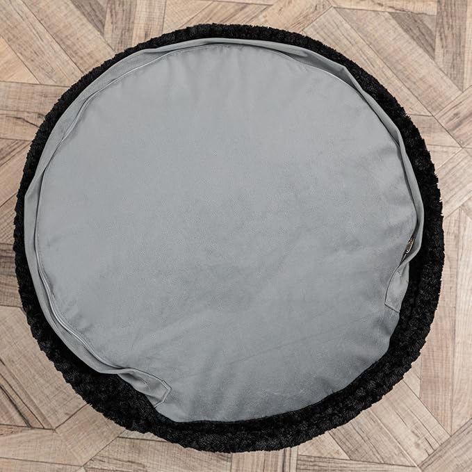 Asuprui Unstuffed Pouf Ottoman Round Poof Ottoman No Filler Soft Faux Fur Foot Stool 20x20x12 Inches Fuzzy Chair Floor Pouf Foot Rest with Storage for Living Room Bedroom Black