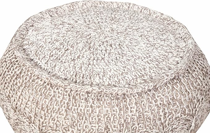 L. R. Resources, Inc. LR Home Beige/White Cable Knit Cotton Pouf for Home Decor | Hand Made Modern Foot Rest for Bedroom & Living Room Décor | 20 x 20 x 12 Stuffed Pouf for Seating