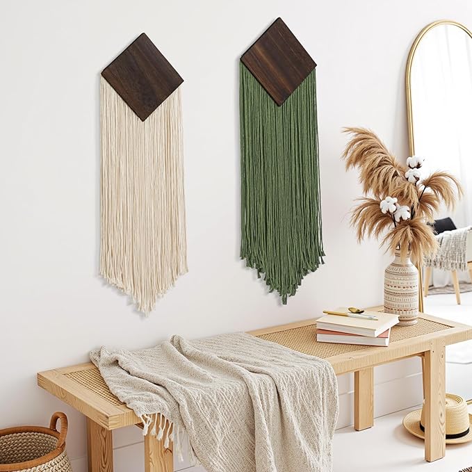 KHOYIME Macrame Wall Hanging Boho Chic Home Decor, 2PCS Bohemian Green Beige Vertical Tassel Yarn Tapestry Modern Farmhouse Wall Art Decorations for Living Room Bedroom Nursery Office 11''W x 36''L