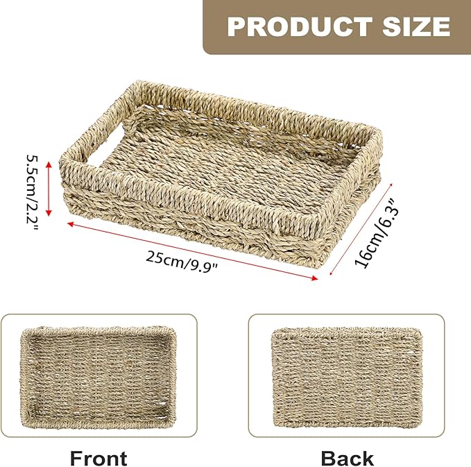 Bathroom Vanity Tray, Seagrass Narrow Counter Tray with Handles, Decorative Woven Organizer Trays for Toilet Tank, Shelves, Farmhouse Hand Towels Basket Holder for Storage, Natural (Small)