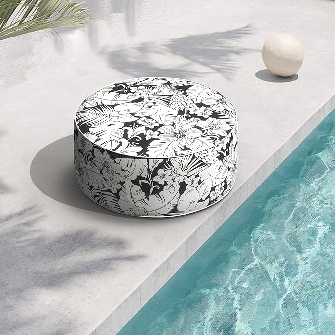 Indoor/Outdoor Inflatable Ottoman with Handle, Decorative Fade-Resistant Round Footstool D21 x H9 inch, Portable Ottoman Pouf for Patio Garden Camping, Tropical Blossom Noir