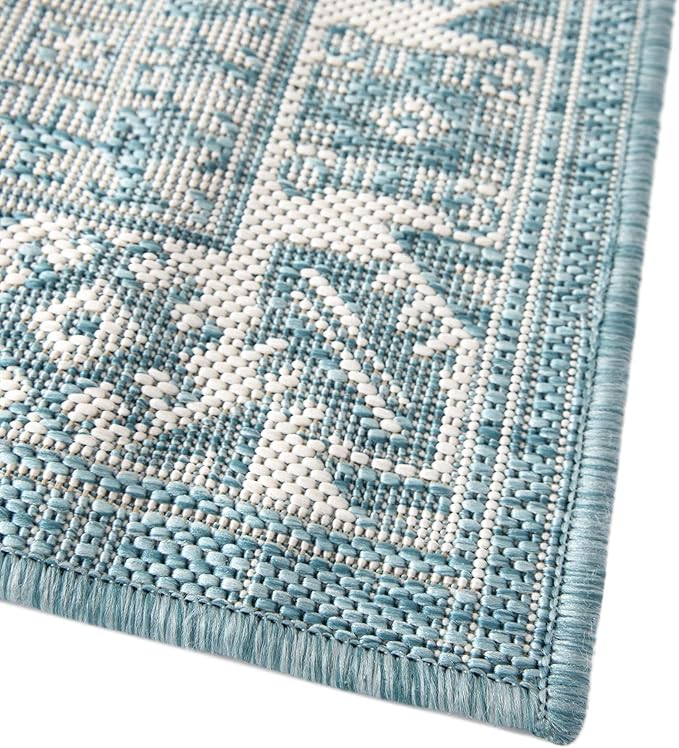 Rugs.com Outdoor Aztec Collection Rug – 8 Ft Runner Aqua Flatweave Rug Perfect for Hallways, Entryways
