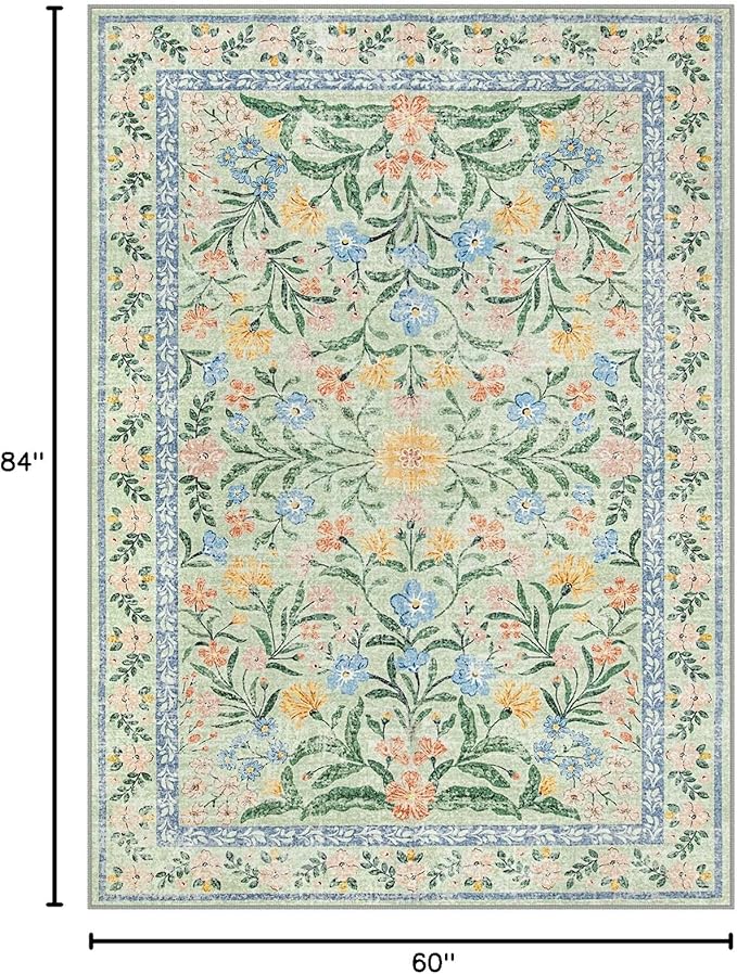 Lahome Sylvie Washable 5x7 Area Rugs, Boho Pink and Green Floral Living Room Rug Non Slip, Vintage Girls Bedroom Indoor Carpet for Nursery Playroom Kitchen, Green/Multi