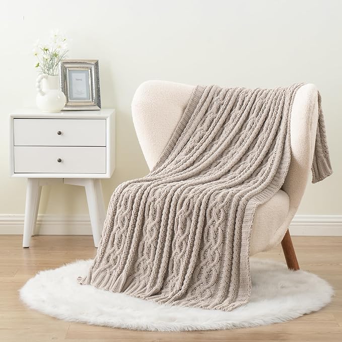 Battilo Light Grey Throw Blanket for Couch, Woven Chenille Knit Throw Blanket Versatile for Chair, 51 x 67 Inch Super Soft Warm Decorative Blanket for Bed, Sofa and Living Room