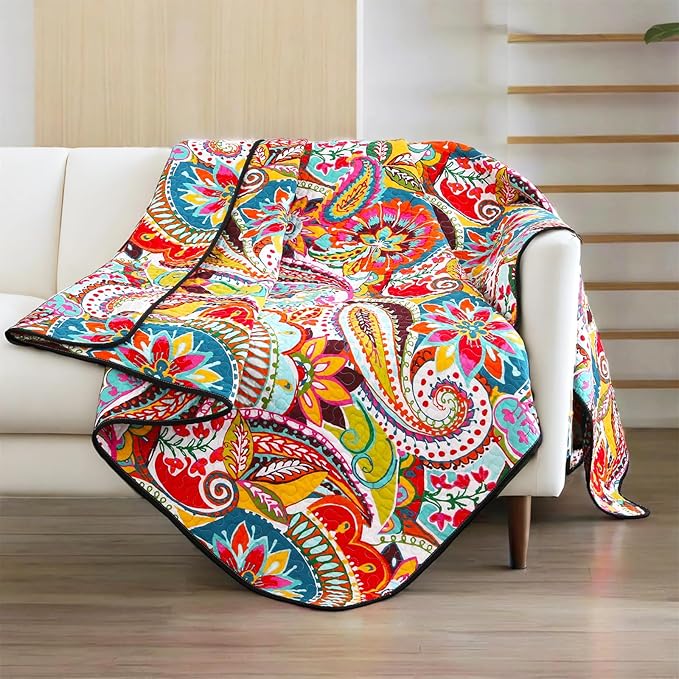 Qucover Cotton Quilted Throw Blanket, Soft Boho Quilt 59"x79", Bright Colorful Red, Orange, Pink and Blue Reversible Paisley Lightweight Quilts for Couch Sofa Beds