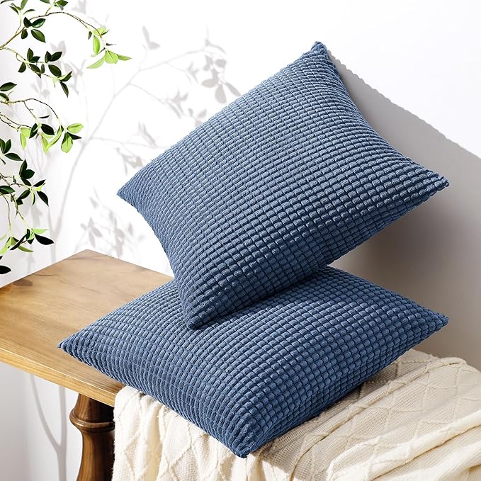 Softalker Throw Pillow Covers 18x18 Inch, Set of 2, Soft Corduroy Boho Stripe Decorative Pillow Cover, Couch Fluffy Pillow Cover for Farmhouse Home Decor Bed Living Room, Blue