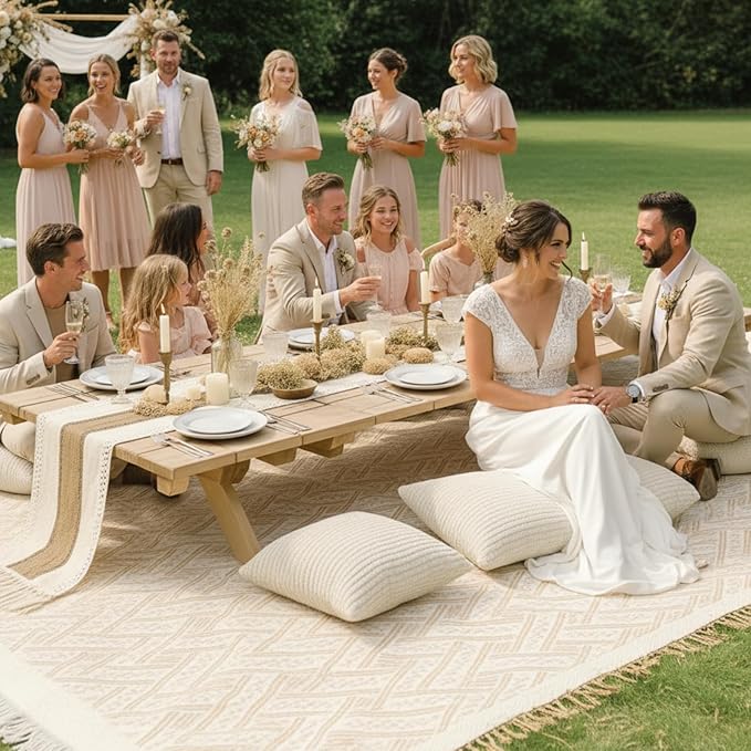 Extra Large Outdoor Boho Picnic Blanket 91'' x 71'' Beige White Table Runner 6 Throw Pillow Cover Woven Cotton Yarn Oversize Beach Blanket Washable for Picnic Camp Wedding