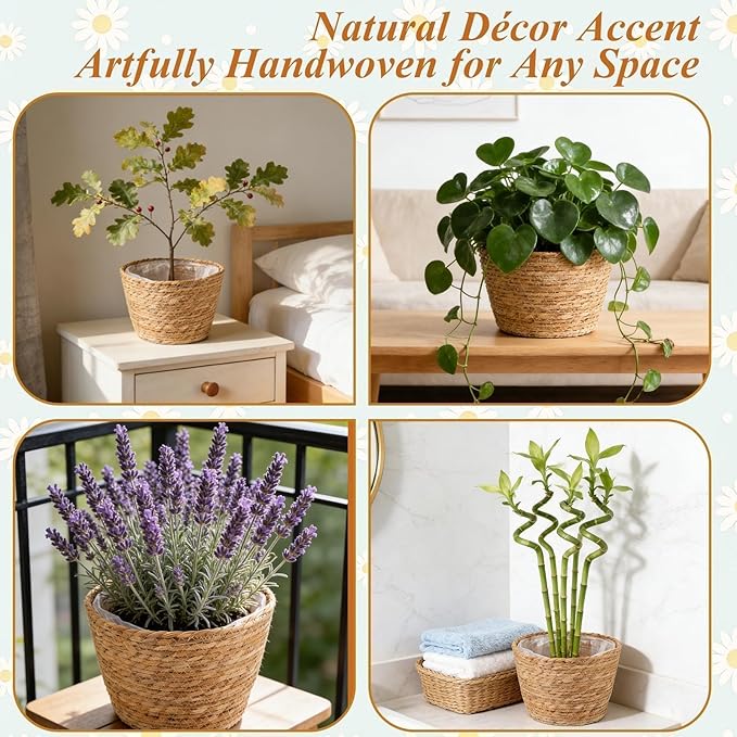 2PCS Seagrass Plant Basket for Indoor and Outdoor,Rattan Large Planter Basket with Liner for 6 inch Pot,Wicker Plant Pot Covers for Potted Plants,Woven Storage Baskets for Rustic Boho Farmhouse Decor
