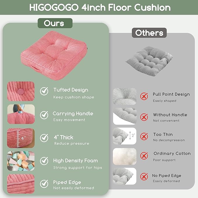 HIGOGOGO Floor Pillow Cushion for Adults, Meditation Cushion Pillow, Large Square Floor Sitting, Tufted Corduroy Cover, for Tatami Living Room or Yoga, 22x22 Inch, 2Pack, Pink
