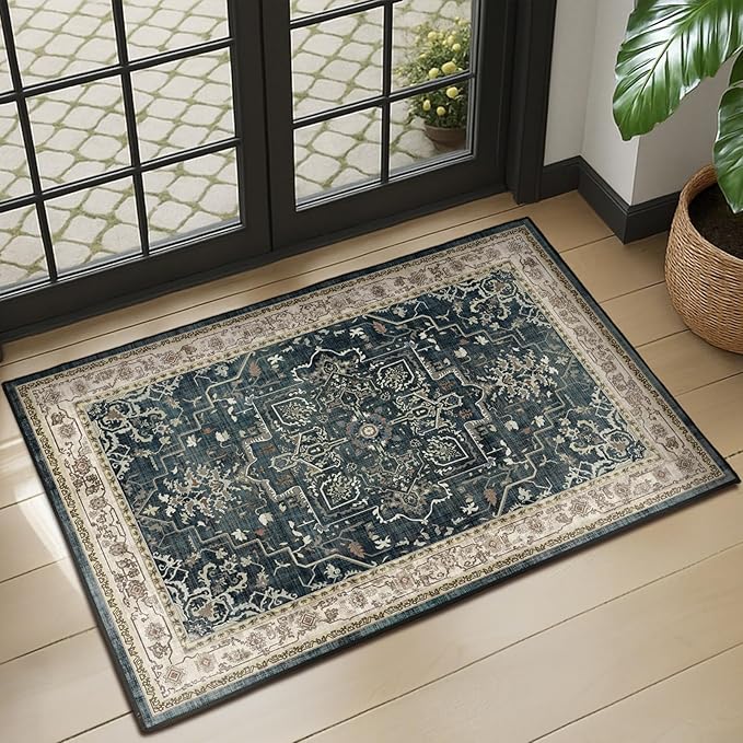 Vintage Distressed 2x3 Kitchen Rugs Washable Non Slip, Medallion Door Mat Indoor Entrance Entryway, Small Low Pile Rugs for Bedroom/Bathroom Vanity/Laundry Room, Midnight with Multi Accents