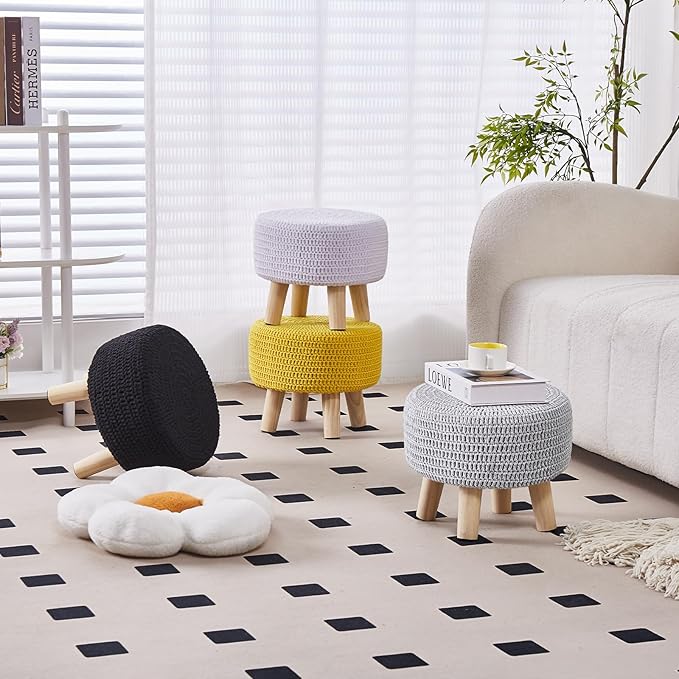 Wimarsbon Small Ottomans, 100% Hand Knitted Pouf, Round Footrest with 4 Non-Skid Wood Legs, Boho Décor Cotton Rope Pouffe Beside Sofa, Leisure Floor Step Chair for Living Room (Yellow)