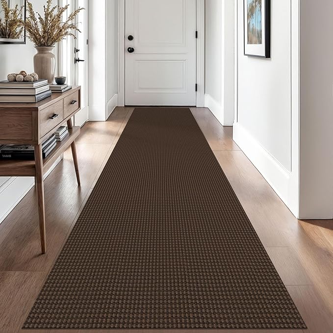 EARTHALL Woven Runner Rug 2.6x10 Ft Washable Runners for Hallways Long Non Slip Rubber Backed Kitchen Runner Braided Indoor Floor Carpet Runners for Entryway, Hallway, Kitchen, Brown