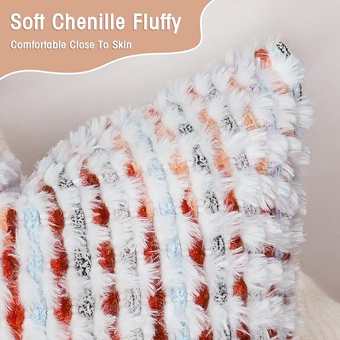 Boho Chenille Tufted Pillow Cover 14x36 Inch Set of 1, Farmhouse Striped Decorative Pillow Covers Accent Fluffy Neutral Long Body Bolster Pillow for Couch Sofa Bedroom Living Room, Orange