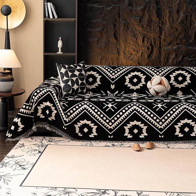 VClife Bohemian Couch Cover for Sofa Washable Chenille Sofa Cover, White Black Tribal Geometric Sofa Slipcover Vintage Sofa Slip Cover for 2 Cushion Couch 71" X 118"