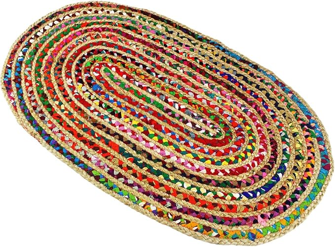 COTTON CRAFT Jute Chindi Braid Rag Rug - Boho Farmhouse Rustic Area Accent Throw Rug - Handwoven Reversible Natural Recycled Cotton- Living Room Den Study Home Décor Gift - 2' x 3' Oval - Multi Color
