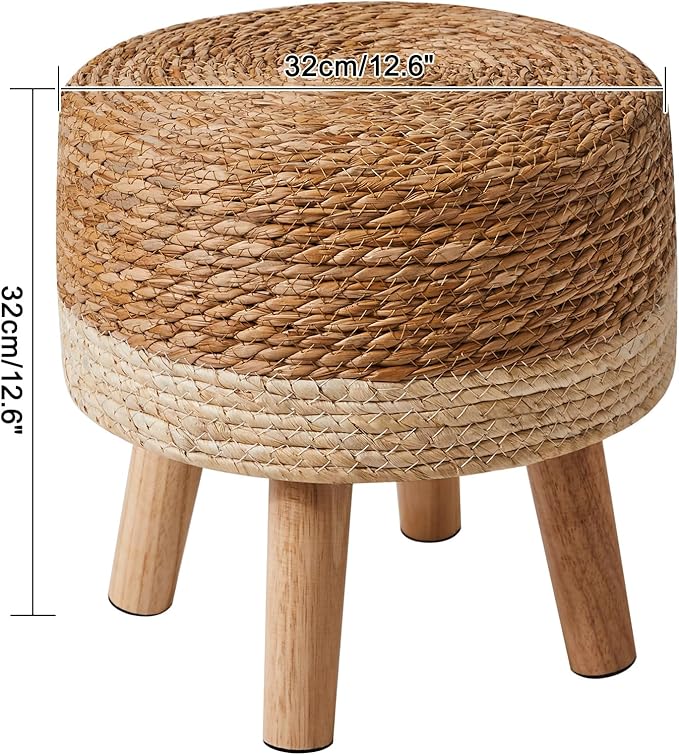 YMYNY Foot Stool Natural Seagrass Hand Weave, 12.6" Small Ottoman, Round Footrest for Living Room, Bedroom, Entryway, Change Shoes Stool, Non-Skid Wood Legs, Boho, Natural+White, UHBD027W