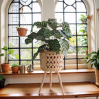 Boho Rattan Plant Stand Set of 2 – Handwoven Tall Elevated Wicker Plant Baskets for Indoor Plants, Mid-Century Modern Wooden Planter Holder with Tripod Legs, Farmhouse Home Decor