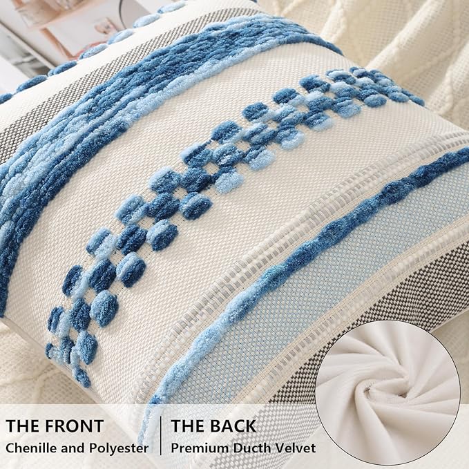 decorUhome Boho Decorative Throw Pillow Covers 18x18 Set of 2, Striped Chenille Tufted Pillow Covers with Tassels for Couch Bed Sofa, Sky Blue