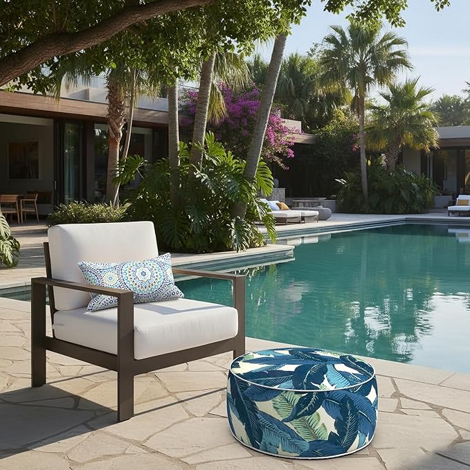 LVTXIII Indoor/Outdoor Inflatable Ottoman with Handle D21 x H9 Inch, Weather-Resistant Round Footstool Pouf for Patio Camping Living Room, Portable Footrest Extra Seating, Swaying Palms Blue