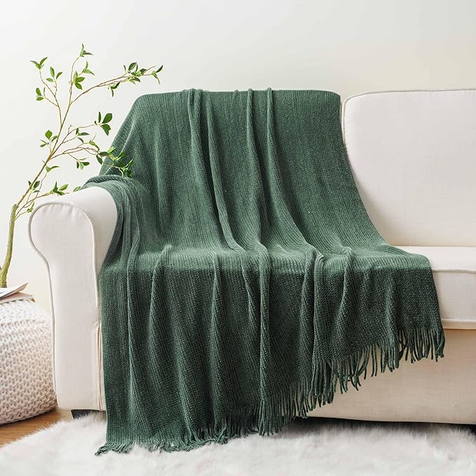 BATTILO HOME Dark Green Throw Blanket for Couch, Soft Chenille Knit Throws with Tassels for Home Decor, Christmas Green Throws for Bed Couch Cover, 60"x80"