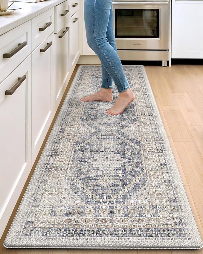 DEXI Kitchen Floor Mats Anti Fatigue, 23x86 Large Long Cushioned Vintage Runner Rug Waterproof, Standing Comfort Memory Foam Padded for Front Sink Laundry Office, White