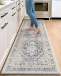 DEXI Kitchen Floor Mats Anti Fatigue, 23x86 Large Long Cushioned Vintage Runner Rug Waterproof, Standing Comfort Memory Foam Padded for Front Sink Laundry Office, White