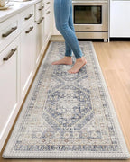 DEXI Kitchen Floor Mats Anti Fatigue, 23x86 Large Long Cushioned Vintage Runner Rug Waterproof, Standing Comfort Memory Foam Padded for Front Sink Laundry Office, White