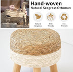Round Ottoman, Natural Seagrass Footstool with 4 Wood Legs, Multifunctional Modern Dressing Stool and Sofa Side Table for Bedroom (White)